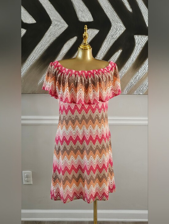 Tacera Dresses & Skirts - Tacera Chevron Off Shoulder Ruffle Dress Pink Orange Knit Women's Large Boho